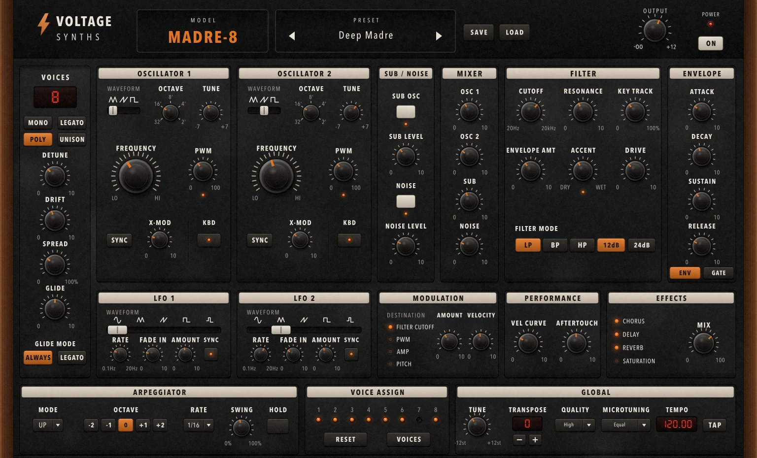 The current MADRE-8 interface study, with eight-voice controls, two oscillators, mixer, ladder filter, modulation, arpeggiator and effects