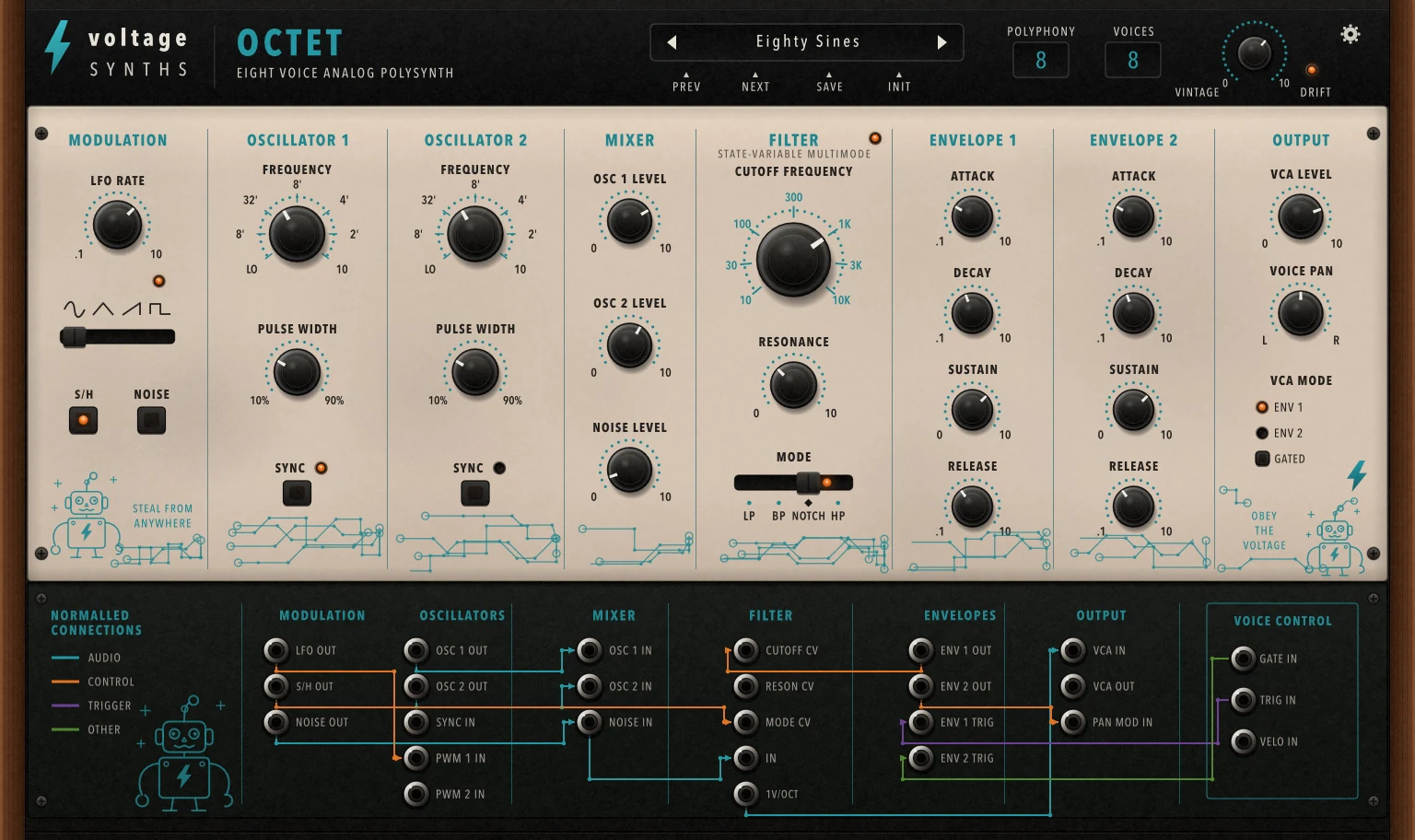 The Octet panel, with modulation, two oscillators, mixer, state-variable filter, two envelopes and output