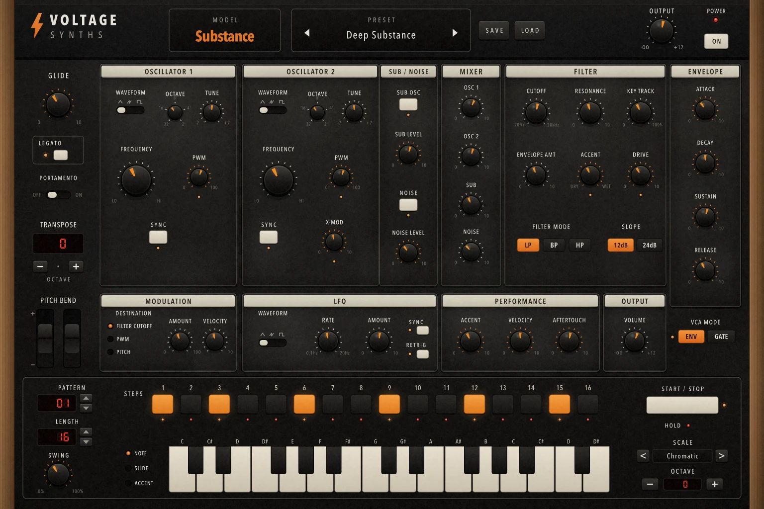 The Substance instrument panel, with oscillators, mixer, transistor ladder filter, envelopes, modulation and performance controls